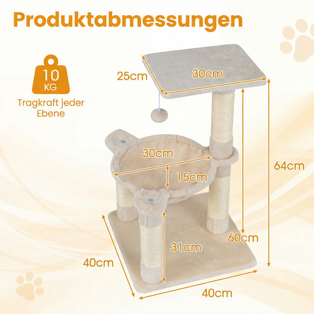 Ansamblul pentru pisici cu hamac și stâlpi din sisal, 64 cm bej