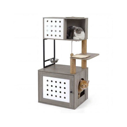 Cat Tree with Litter Box Cabinet and Feeding Station, 117.5 cm, Grey