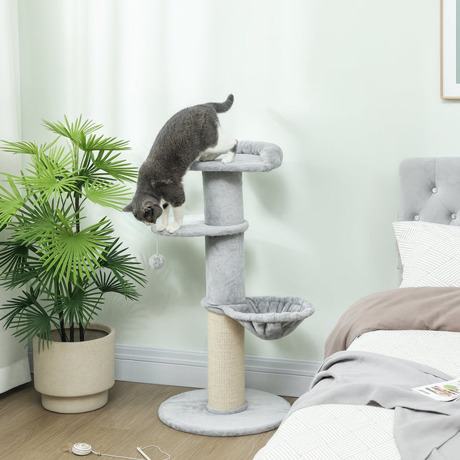 Ansamblul pentru pisici cu stâlp din sisal, cu mai multe niveluri, material textil plusat