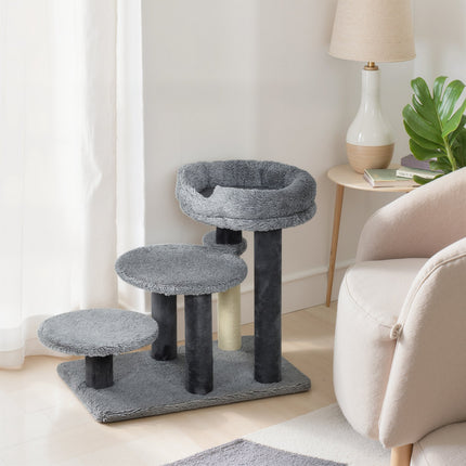 Ansamblul pentru pisici cu stâlp din sisal, material moale, bază lată, gri
