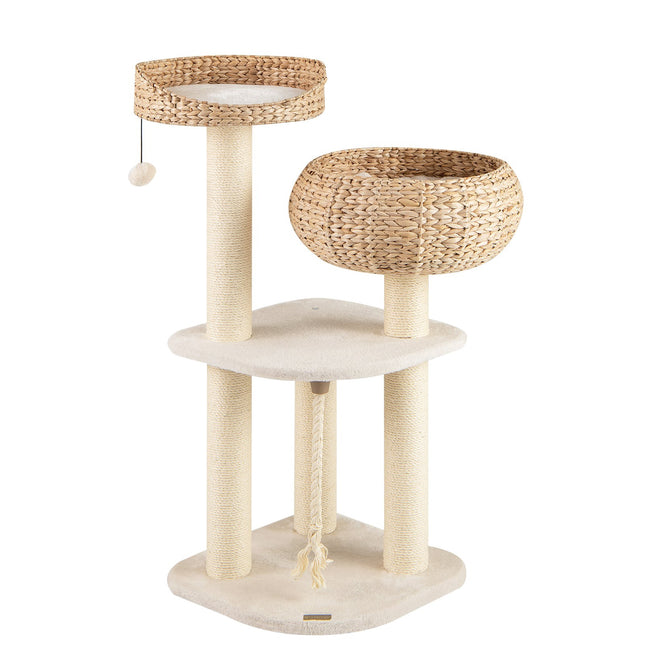 Ansamblul pentru pisici cu stâlpi și coș din sisal, 104 cm, bej