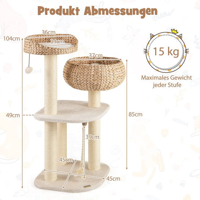 Ansamblul pentru pisici cu stâlpi și coș din sisal, 104 cm, bej