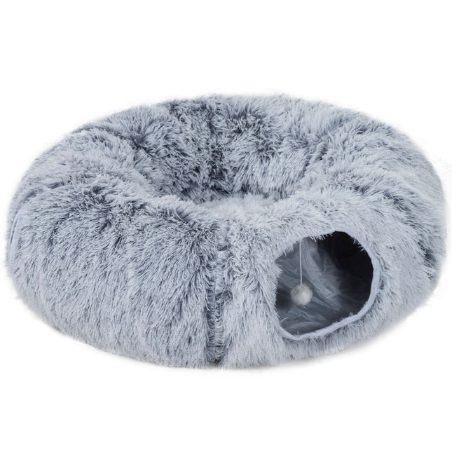 Tunel pentru pisici, material textil plușat, pliabil, cadru metalic, gri deschis