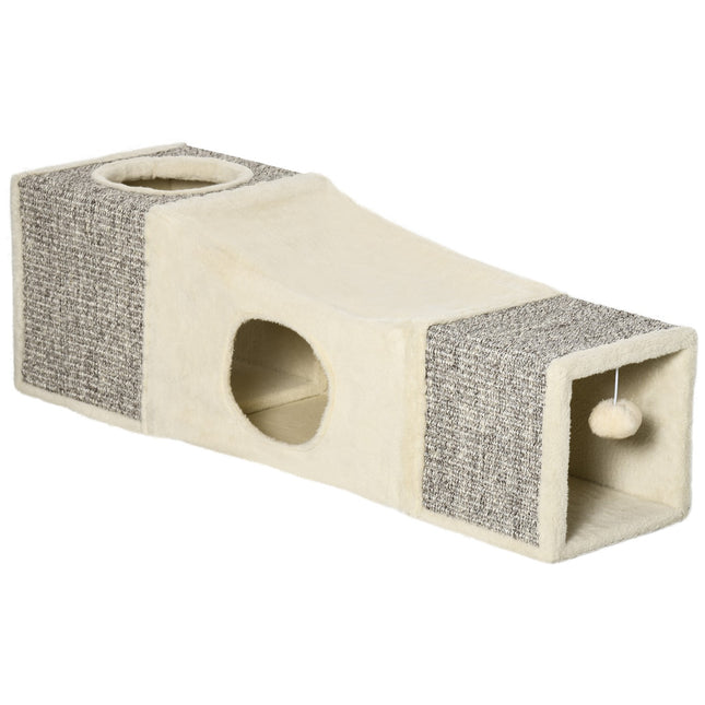 Tunel pentru Pisici Cu Minge de Joaca, Jucarie pentru Pisici, Tunel de Joaca Din Sisal, Maro + Bej, 98X30X30 Cm