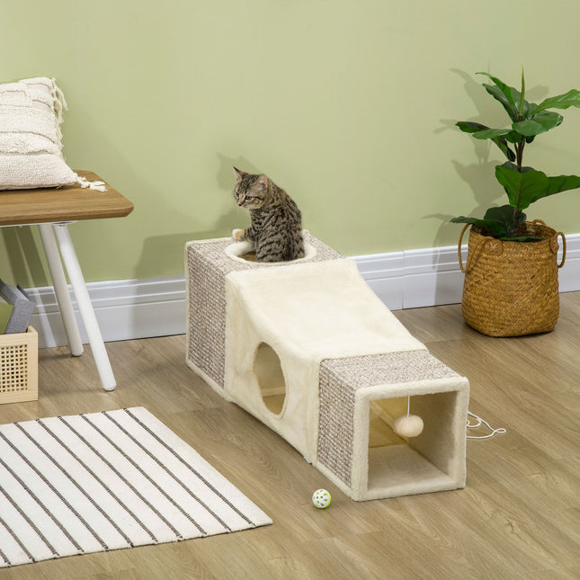 Tunel pentru Pisici Cu Minge de Joaca, Jucarie pentru Pisici, Tunel de Joaca Din Sisal, Maro + Bej, 98X30X30 Cm