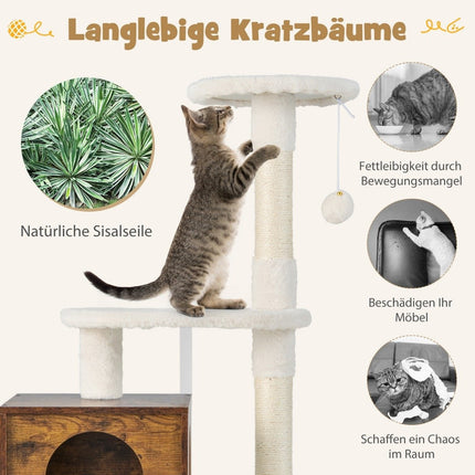 Dulap pentru pisici cu stâlp de zgâriere, all-in-1, din lemn, maro, 77,5 x 48,5 x 132 cm
