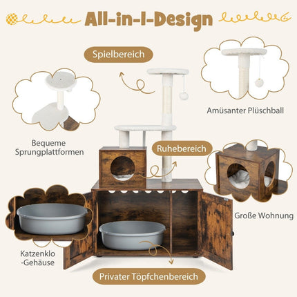 Dulap pentru pisici cu stâlp de zgâriere, all-in-1, din lemn, maro, 77,5 x 48,5 x 132 cm