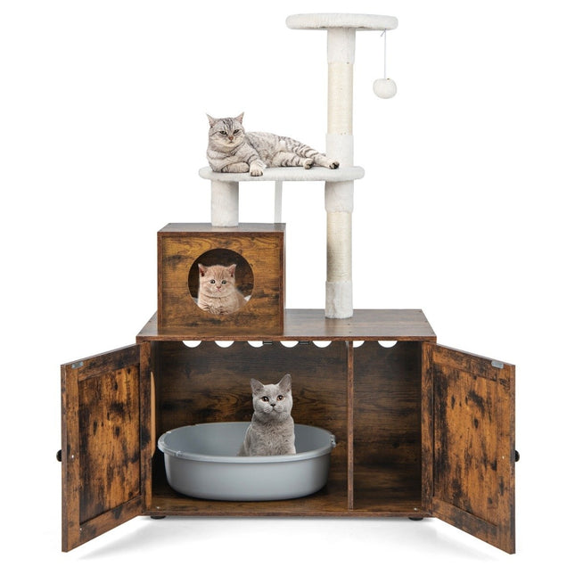 Dulap pentru pisici cu stâlp de zgâriere, all-in-1, din lemn, maro, 77,5 x 48,5 x 132 cm