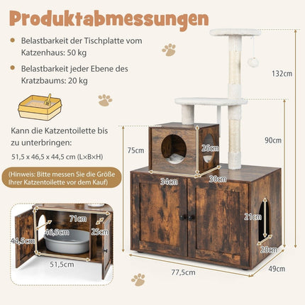 Dulap pentru pisici cu stâlp de zgâriere, all-in-1, din lemn, maro, 77,5 x 48,5 x 132 cm