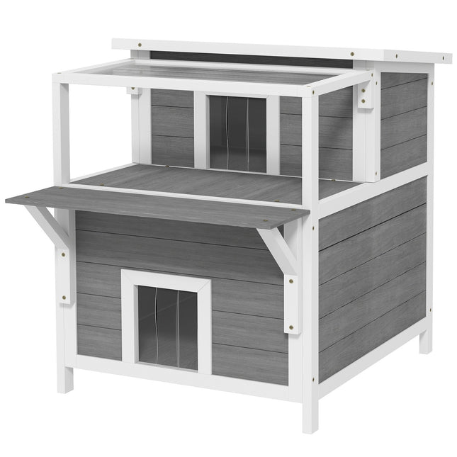 Peșteră pentru pisici, casă pentru pisici din lemn de brad, casă pentru pisici cu balcon, intrări, pentru pisici până la 5 kg, exterior, 64 x 87 x 76 cm, gri deschis