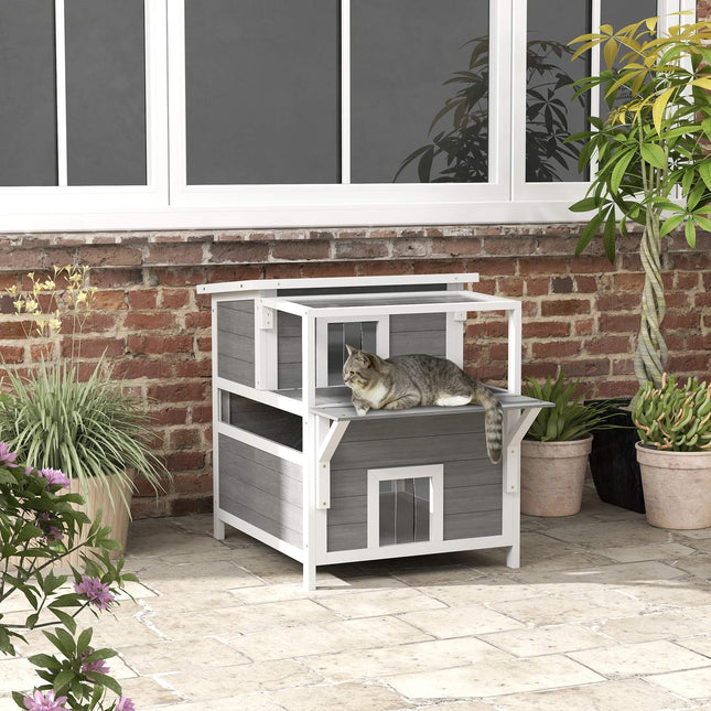 Peșteră pentru pisici, casă pentru pisici din lemn de brad, casă pentru pisici cu balcon, intrări, pentru pisici până la 5 kg, exterior, 64 x 87 x 76 cm, gri deschis