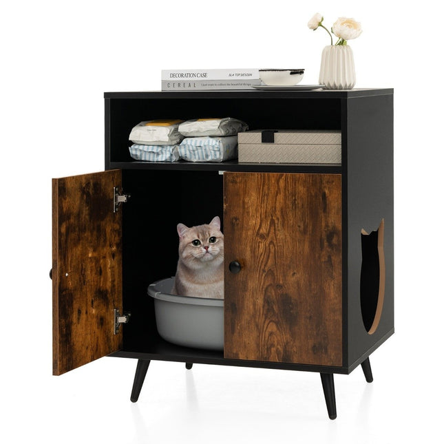 Dulap pentru pisici WC pentru pisici Casă pentru pisici cu uși duble și intrare 60 x 45 x 75 cm negru + natural