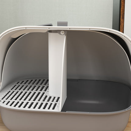Toaletă pentru pisici cu capac, cutie de gunoi pentru pisici cu sită, ușă, linguriță, toaletă închisă pentru pisici sub 3,5 kg, interior, plastic, gri deschis