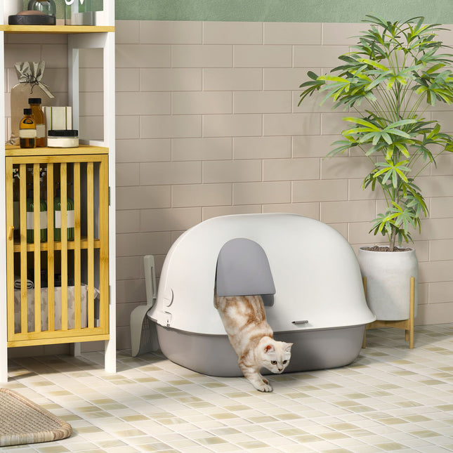 Toaletă pentru pisici cu capac, cutie de gunoi pentru pisici cu sită, ușă, linguriță, toaletă închisă pentru pisici sub 3,5 kg, interior, plastic, gri deschis