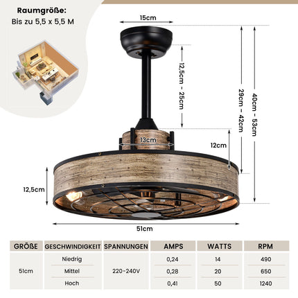 Ventilator de tavan cu lumină, 50 cm, telecomandă și temporizator 4 ore