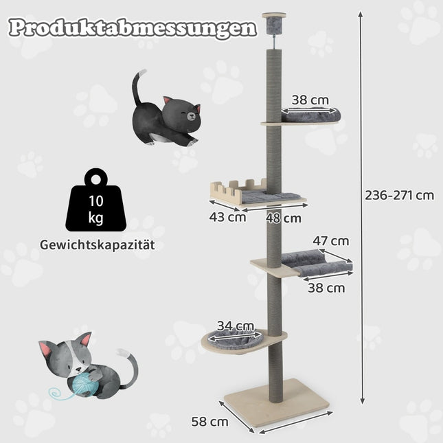 Suport pentru pisici până la tavan, reglabil 236-271 cm, gri