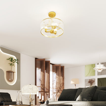 Plafoniera, abajur de cristal, 3 becuri, metal auriu