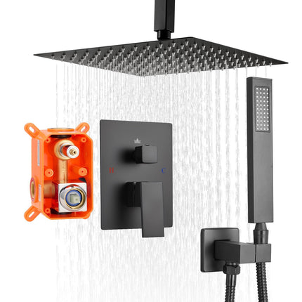 Ceiling Mount Shower Faucet Set – 10-In Square, Handheld, Matte Black