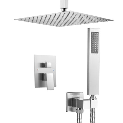 Ceiling-Mount Shower System, 12 in Square, Handheld, Brushed Nickel