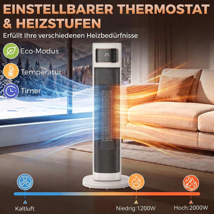 Ceramic Tower Fan Heater 2000 W with Remote and Thermostat, White, 4 Modes