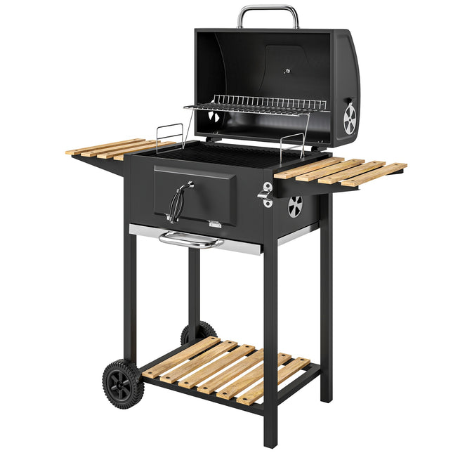 Gratar cu carbuni din inox, carucior mobil pentru gratar cu capac, termometru, gratar, roti, maner reglabil, tava pentru carbuni, carucior cu carbune cu raft de lemn, afumatoare BBQ pentru camping, gradina 112x58x107cm |
