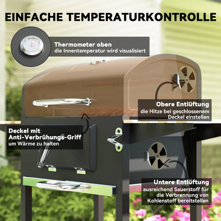 Gratar cu carbuni din inox, carucior mobil pentru gratar cu capac, termometru, gratar, roti, maner reglabil, tava pentru carbuni, carucior cu carbune cu raft de lemn, afumatoare BBQ pentru camping, gradina 112x58x107cm |