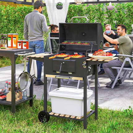 Gratar cu carbuni din inox, carucior mobil pentru gratar cu capac, termometru, gratar, roti, maner reglabil, tava pentru carbuni, carucior cu carbune cu raft de lemn, afumatoare BBQ pentru camping, gradina 112x58x107cm |