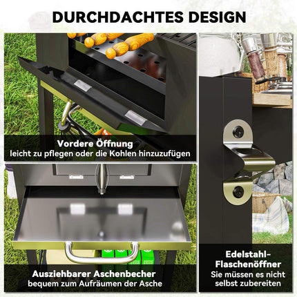 Gratar cu carbuni din inox, carucior mobil pentru gratar cu capac, termometru, gratar, roti, maner reglabil, tava pentru carbuni, carucior cu carbune cu raft de lemn, afumatoare BBQ pentru camping, gradina 112x58x107cm |