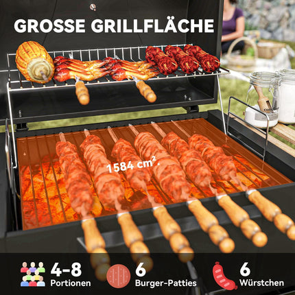 Gratar cu carbuni din inox, carucior mobil pentru gratar cu capac, termometru, gratar, roti, maner reglabil, tava pentru carbuni, carucior cu carbune cu raft de lemn, afumatoare BBQ pentru camping, gradina 112x58x107cm |