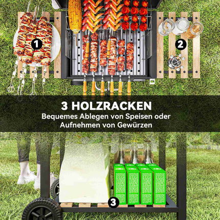 Gratar cu carbuni din inox, carucior mobil pentru gratar cu capac, termometru, gratar, roti, maner reglabil, tava pentru carbuni, carucior cu carbune cu raft de lemn, afumatoare BBQ pentru camping, gradina 112x58x107cm |