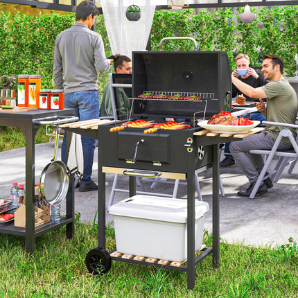 Gratar cu carbuni din inox, carucior mobil pentru gratar cu capac, termometru, gratar, roti, maner reglabil, tava pentru carbuni, carucior cu carbune cu raft de lemn, afumatoare BBQ pentru camping, gradina 112x58x107cm |