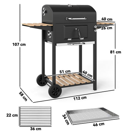 Gratar cu carbuni din inox, carucior mobil pentru gratar cu capac, termometru, gratar, roti, maner reglabil, tava pentru carbuni, carucior cu carbune cu raft de lemn, afumatoare BBQ pentru camping, gradina 112x58x107cm |