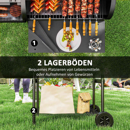 Steel BBQ charcoal grill with thermometer and wheels, 109x60x120 cm