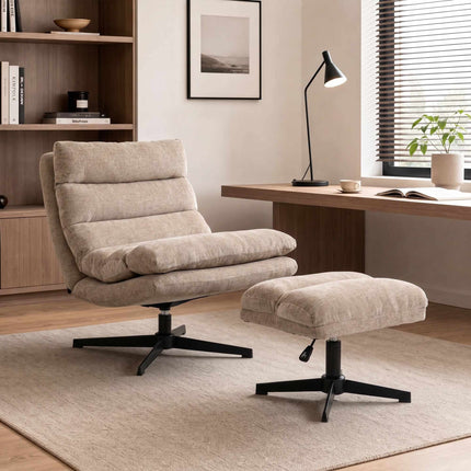 Chenille Swivel Lounge Chair with Adjustable Footstool, 79 cm Wide Seat, Brown