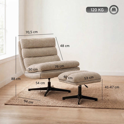 Chenille Swivel Lounge Chair with Adjustable Footstool, 79 cm Wide Seat, Brown