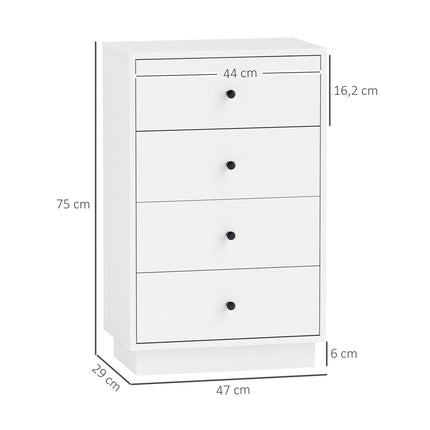 Comodă, bufet cu 4 sertare, dulap din material lemnos, dulap depozitare în stil modern, dulap cu sertare, comodă pentru living, dormitor, hol, 47 x 29 x 75 cm, alb