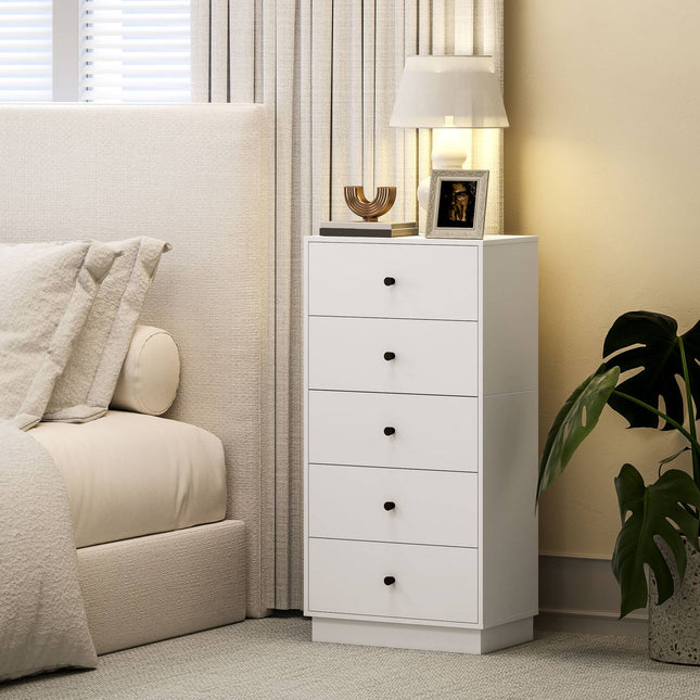 Comodă, bufet cu 5 sertare, dulap din material lemnos, dulap depozitare în stil modern, dulap cu sertare, comodă, dulap pentru living, dormitor, hol, 47 x 29 x 95 cm, alb