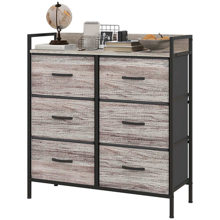 Comodă cu 6 sertare din dulap de depozitare din stofă cu aspect lemn, mânere, cadru din oțel, bufet design industrial pentru living gri