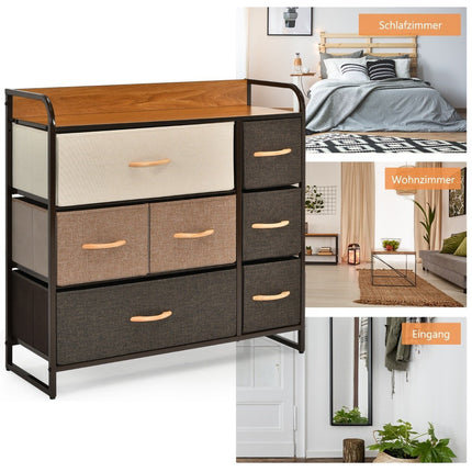 Chest of drawers with 7 fabric drawers & steel frame & wooden surface