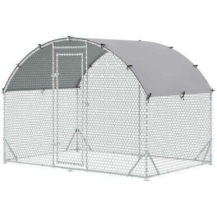 Coș pentru găini, din oțel, cușcă pentru găini 280 x 190 x 197 cm cu capac rezistent la UV, ușă, adăpost pentru găini pentru 4-6 găini, animale mici, argintiu