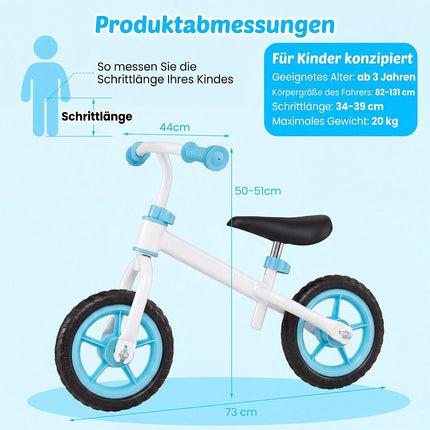 Bicicletă de echilibru albastră pentru copii, ghidon reglabil, capacitate 20 kg