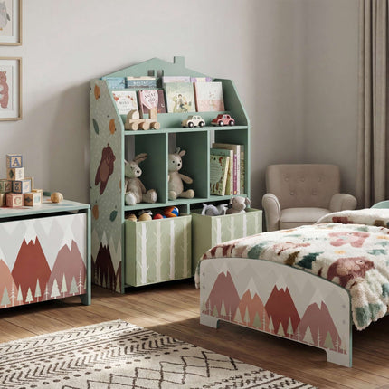 Raft de cărți pentru copii cu 2 sertare din material textil, verde, 91,5 cm