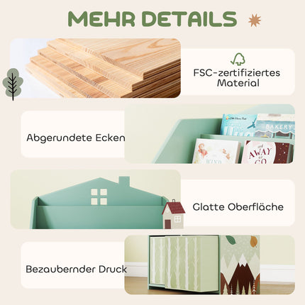 Raft de cărți pentru copii cu 2 sertare din material textil, verde, 91,5 cm