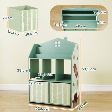 Raft de cărți pentru copii cu 2 sertare din material textil, verde, 91,5 cm