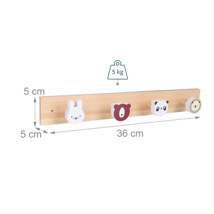 Cuier pentru copii cu 4 cârlige cu animale, multicolor