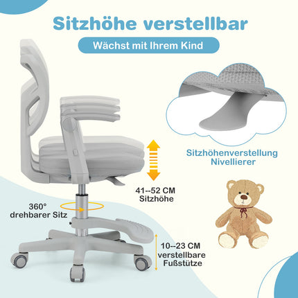 Scaun de birou pentru copii, înălțime reglabilă 41-52 cm, gri