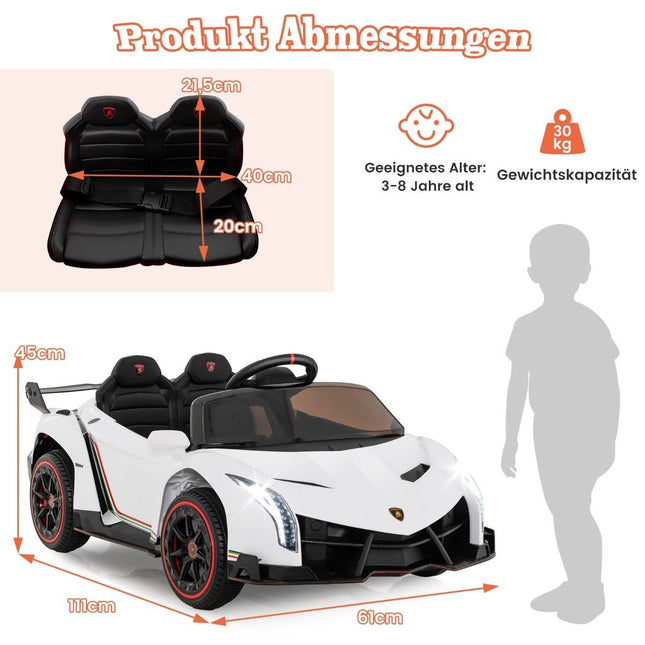 Mașină electrică Lamborghini pentru copii cu telecomandă și faruri LED și claxon și muzică alb
