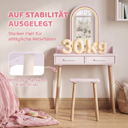 Set masă de toaletă pentru copii cu oglindă și scaun LED