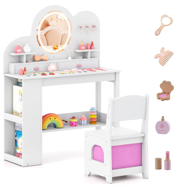 Set de măsuță de toaletă pentru copii cu lumini, oglindă și scaun