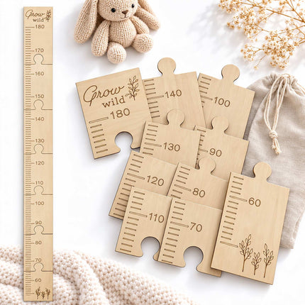 Children's Wooden Height Chart 50 to 180 cm, Puzzle Pieces, Pine, Natural